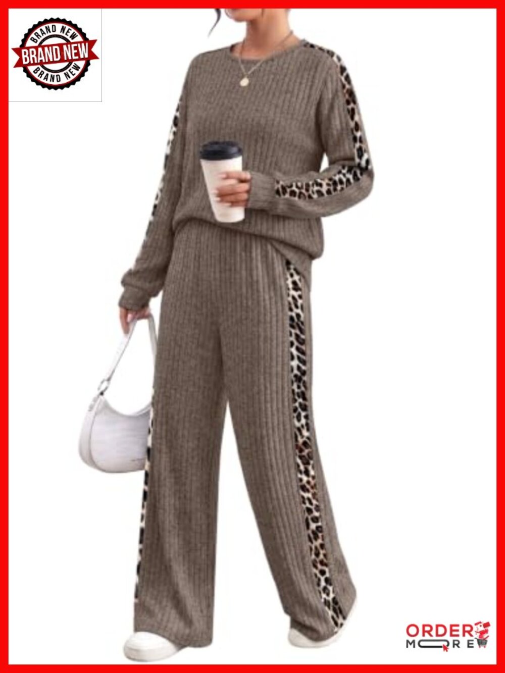 Womens 2 Piece Lounge Set Ribbed Knit Wide Leg Pant Long Sleeve